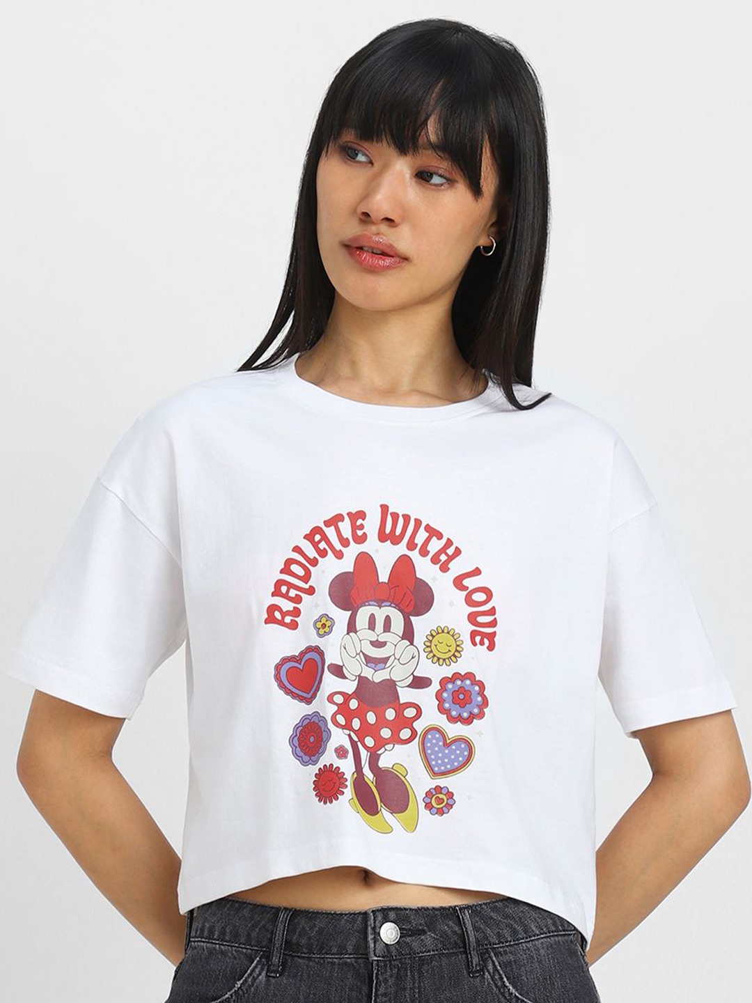 

JUNEBERRY Disney Minne Mouse Graphic Printed Round Neck Pure Cotton Top, White