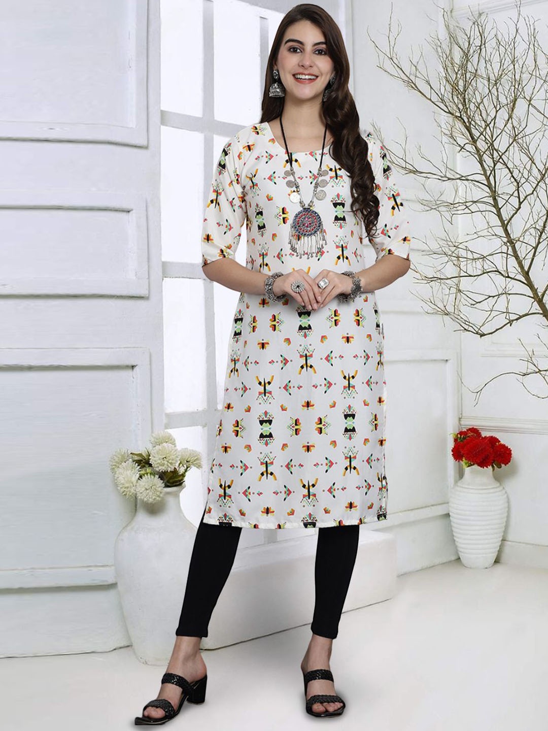 

7Threads Geometric Printed Round Neck Regular Crepe Straight Kurta, White