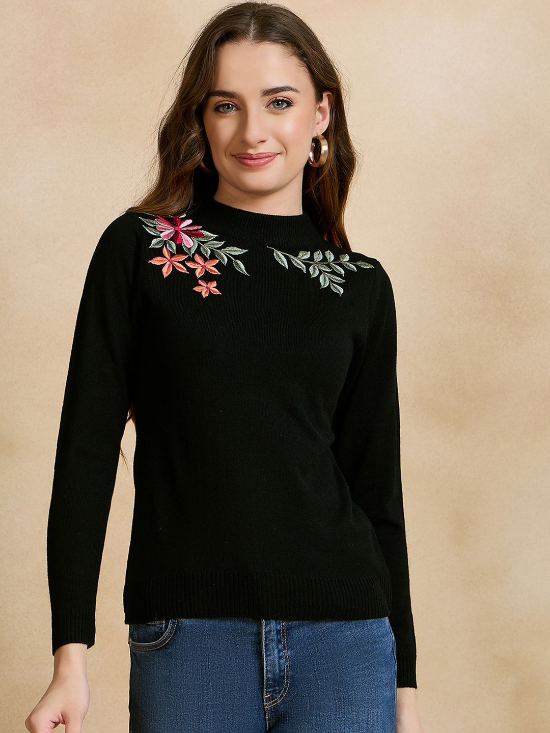 

CLAPTON Women Floral Woollen Pullover with Embroidered Detail, Black