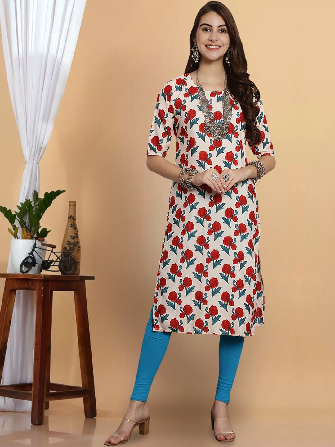 

7Threads Floral Printed Round Neck Straight Kurta, Beige