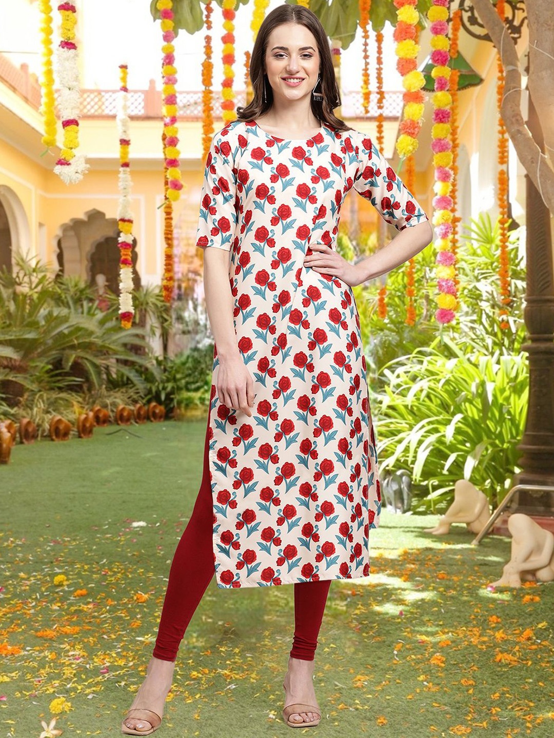 

7Threads Floral Printed Round Neck Straight Kurta, Beige
