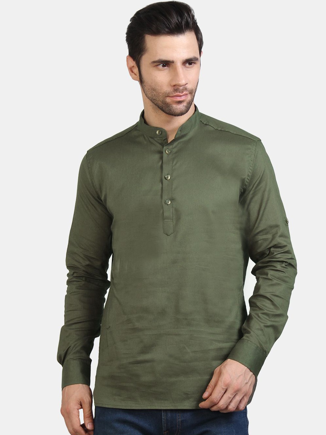 

EdinWolf Mandarin Collar Roll-Up Sleeves Cotton Straight Short Kurta, Olive