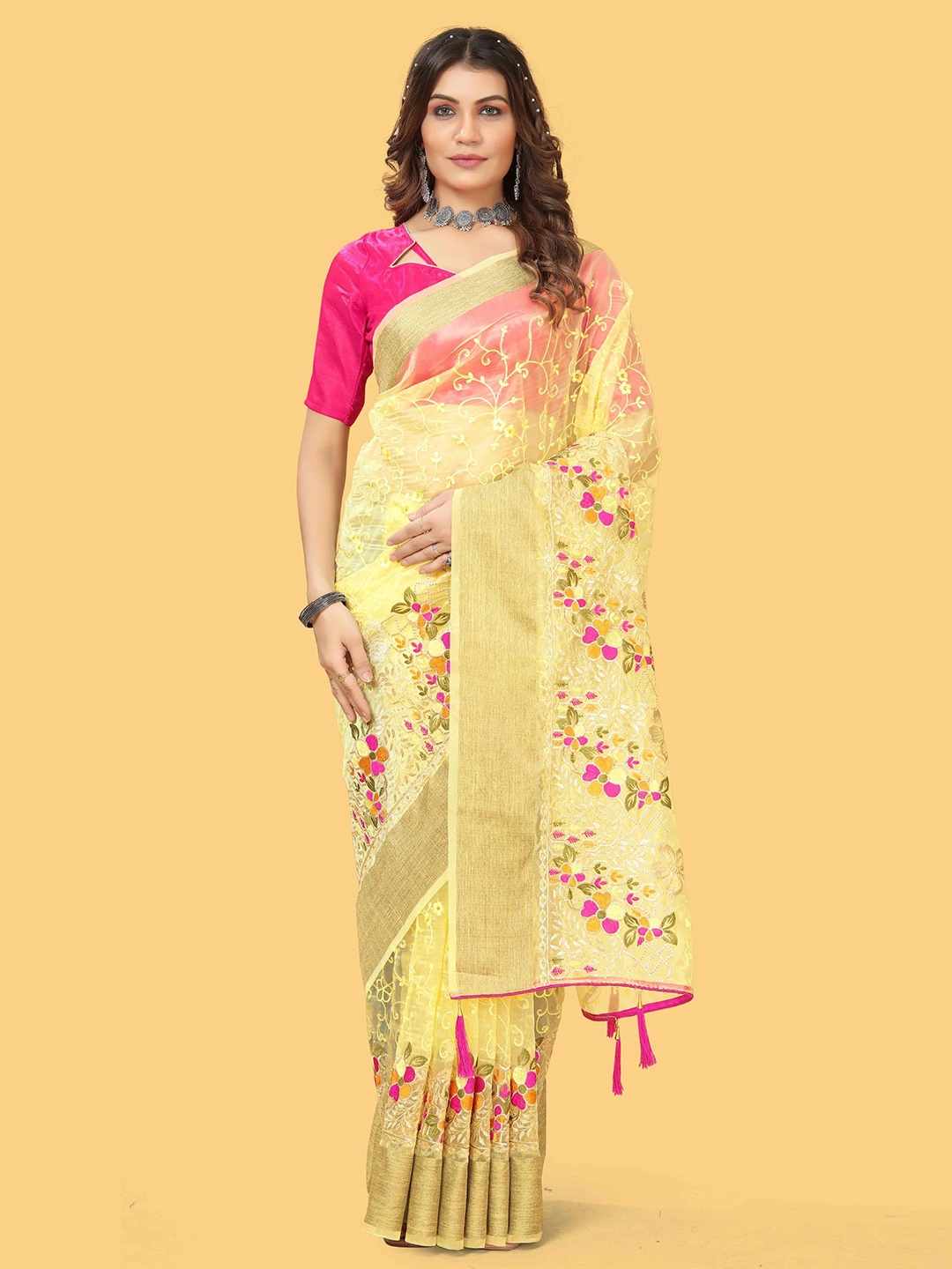 

Munir Organza Silk Saree with Jari Woven Border with Designer Floral Embroidery work, Yellow