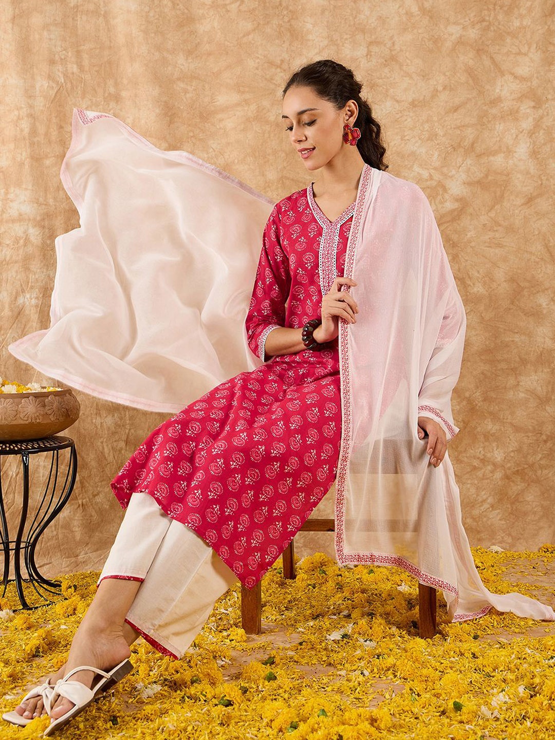 

Indo Era Ethnic Motifs Printed Straight Kurta with Palazzos & Dupatta, Red