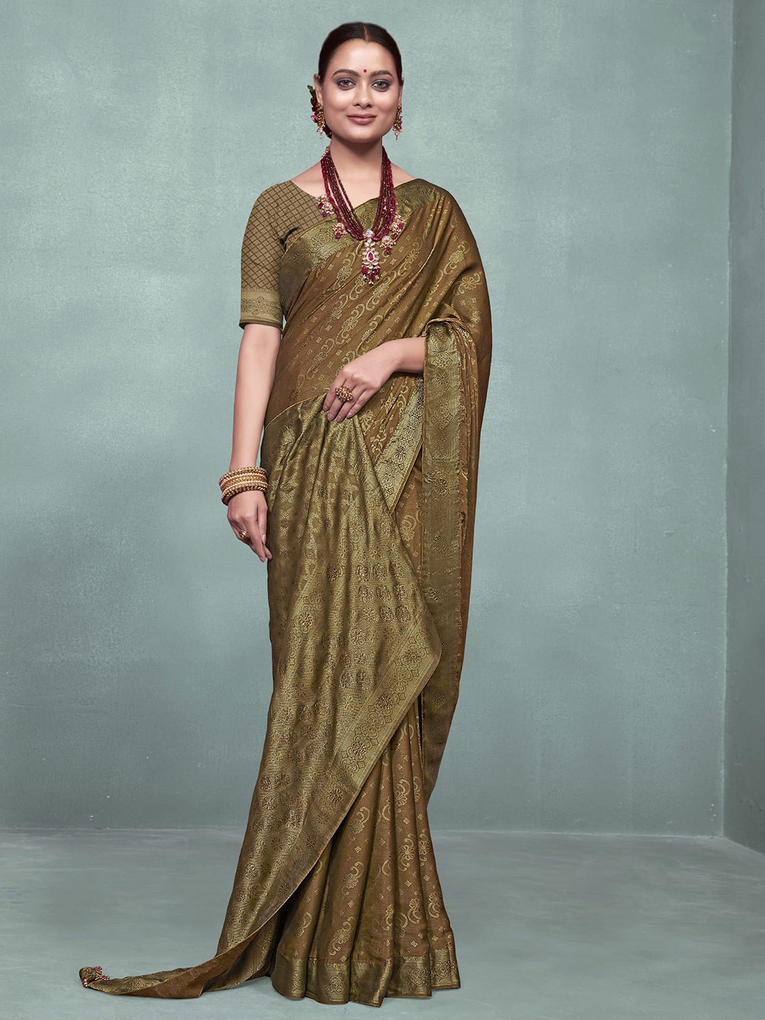 

NIRMAL CREATION Pure Silk Woven Design Saree with Zari Border, Camel brown