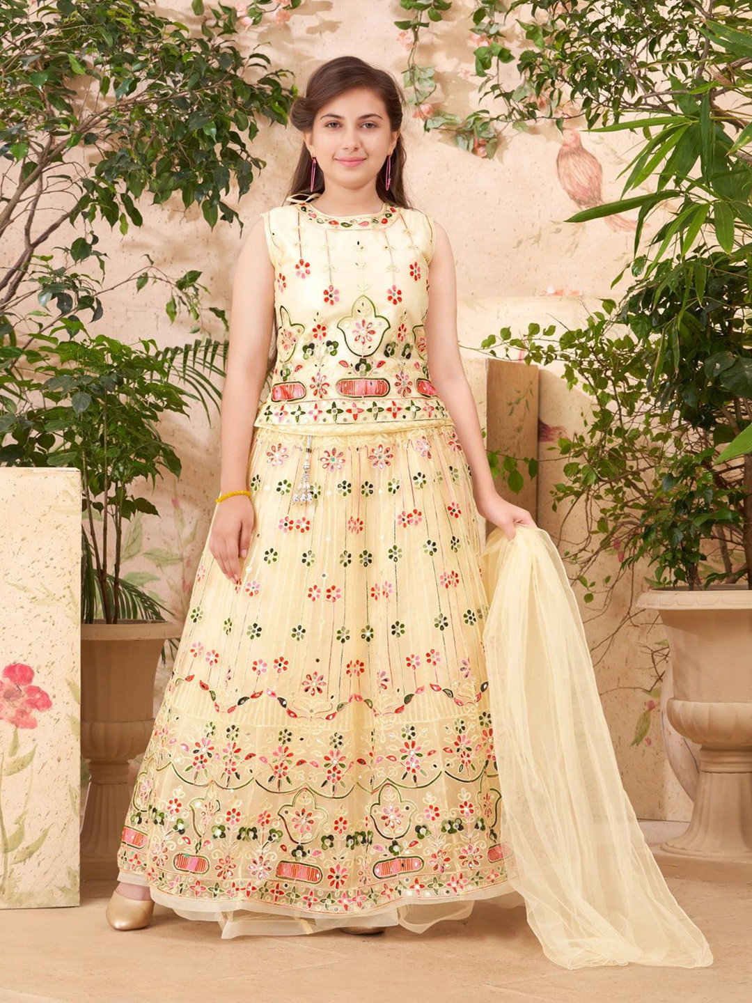 

Aarika Girls Embroidered Thread Work Ready to Wear Lehenga & Blouse With Dupatta, Cream