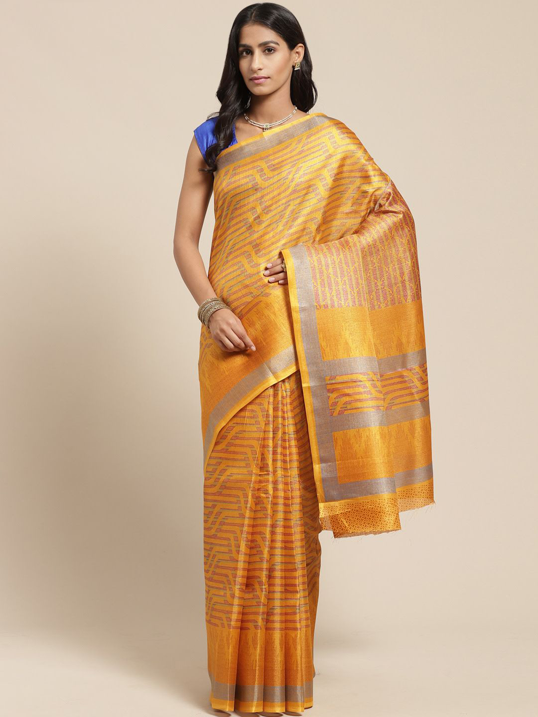

KALINI Striped Printed Zari Saree, Mustard