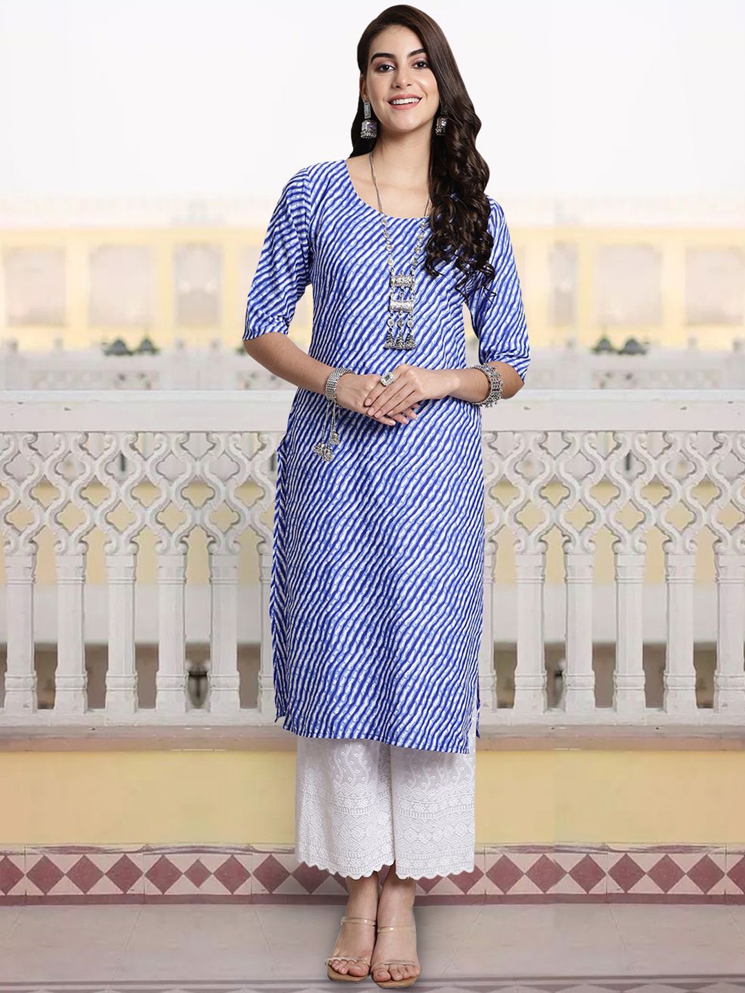 

7Threads Leheriya Printed Round Neck Straight Kurta, Blue