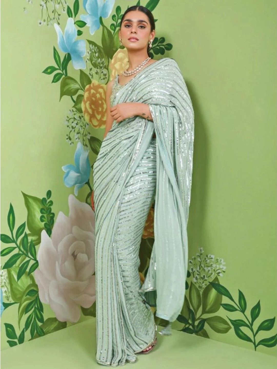 

Sanwariya Silk Embellished Sequinned Pure Georgette Saree, Sea green