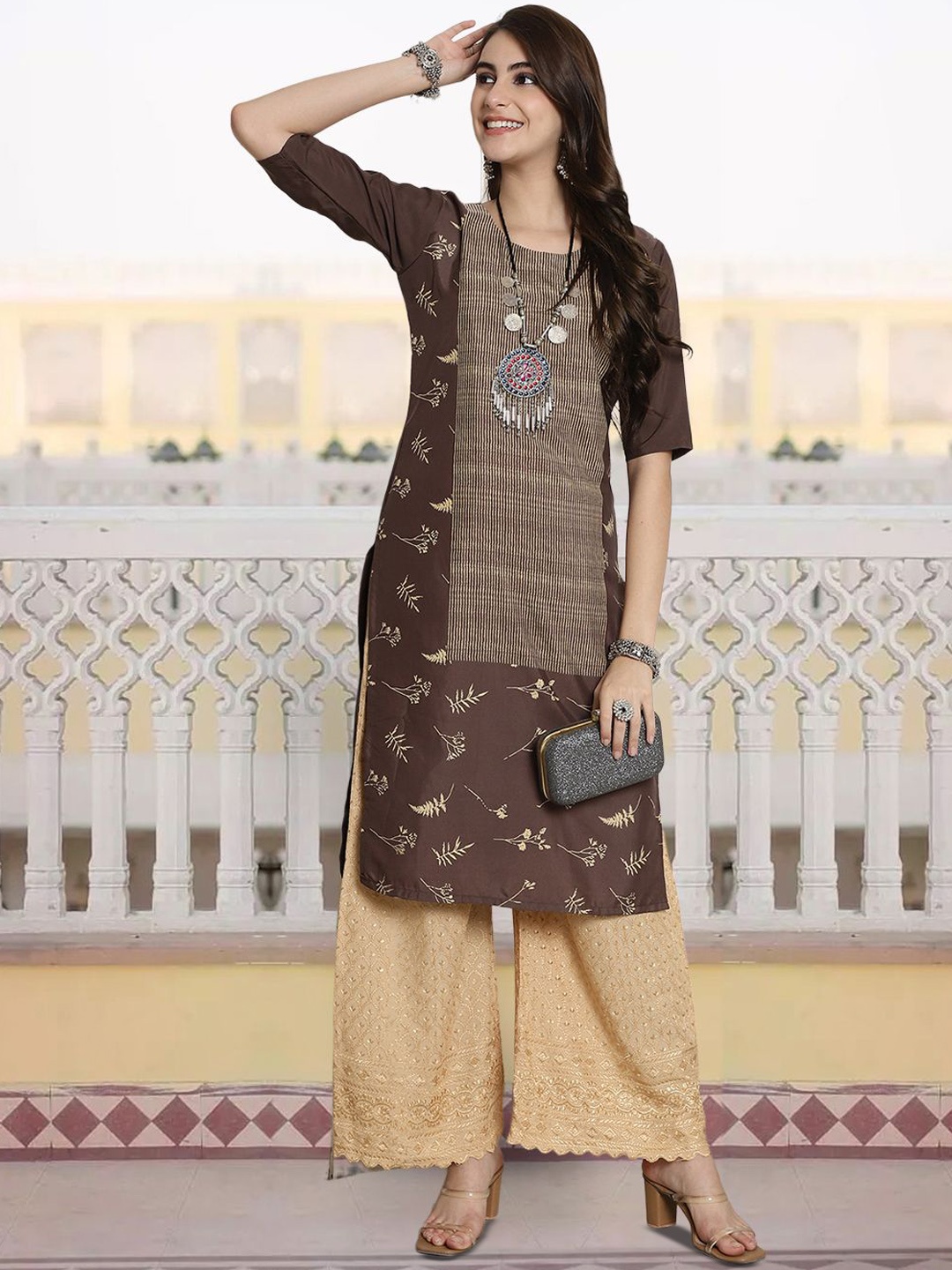 

7Threads Women Ethnic Motifs Printed Sequinned Floral Crepe Kurta, Multi