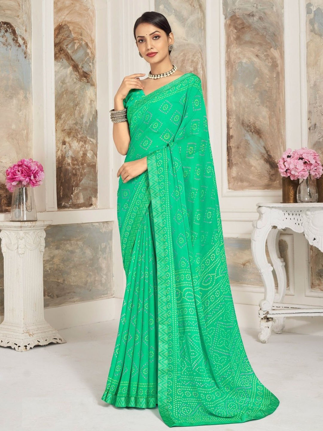 

Reboot Fashions Bandhani Pure Chiffon Bandhani Saree, Green
