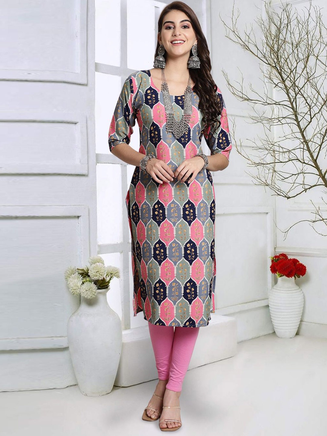 

7Threads Ethnic Motifs Printed Straight Kurta, Grey