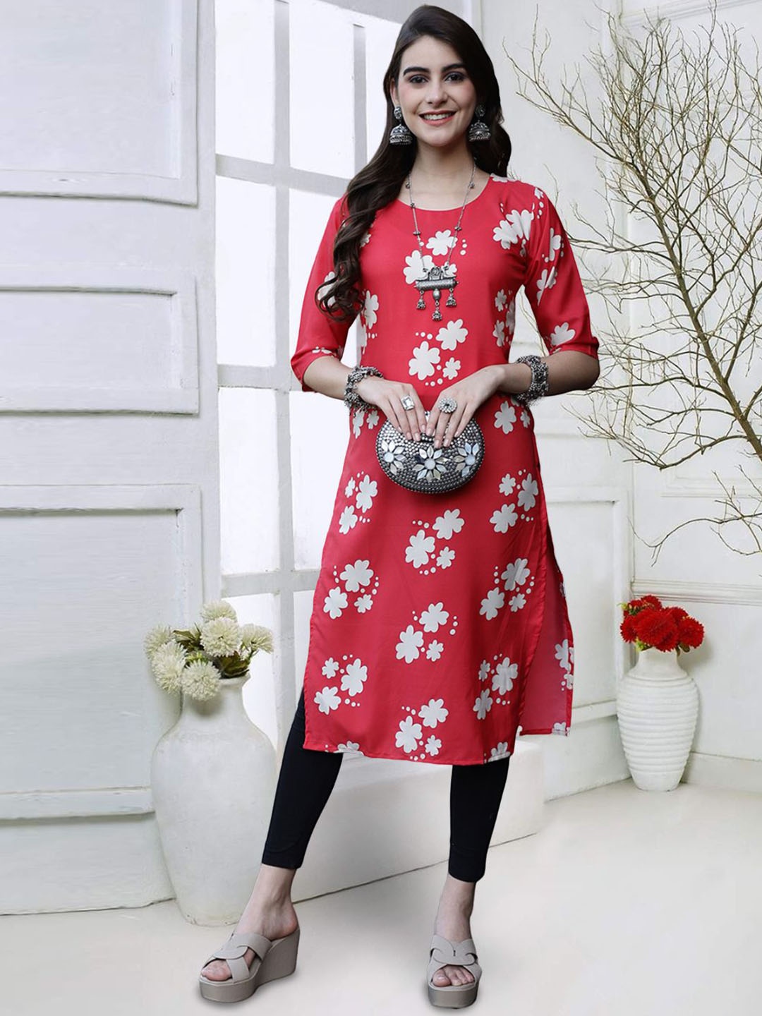 

7Threads Floral Printed Straight Kurta, Red