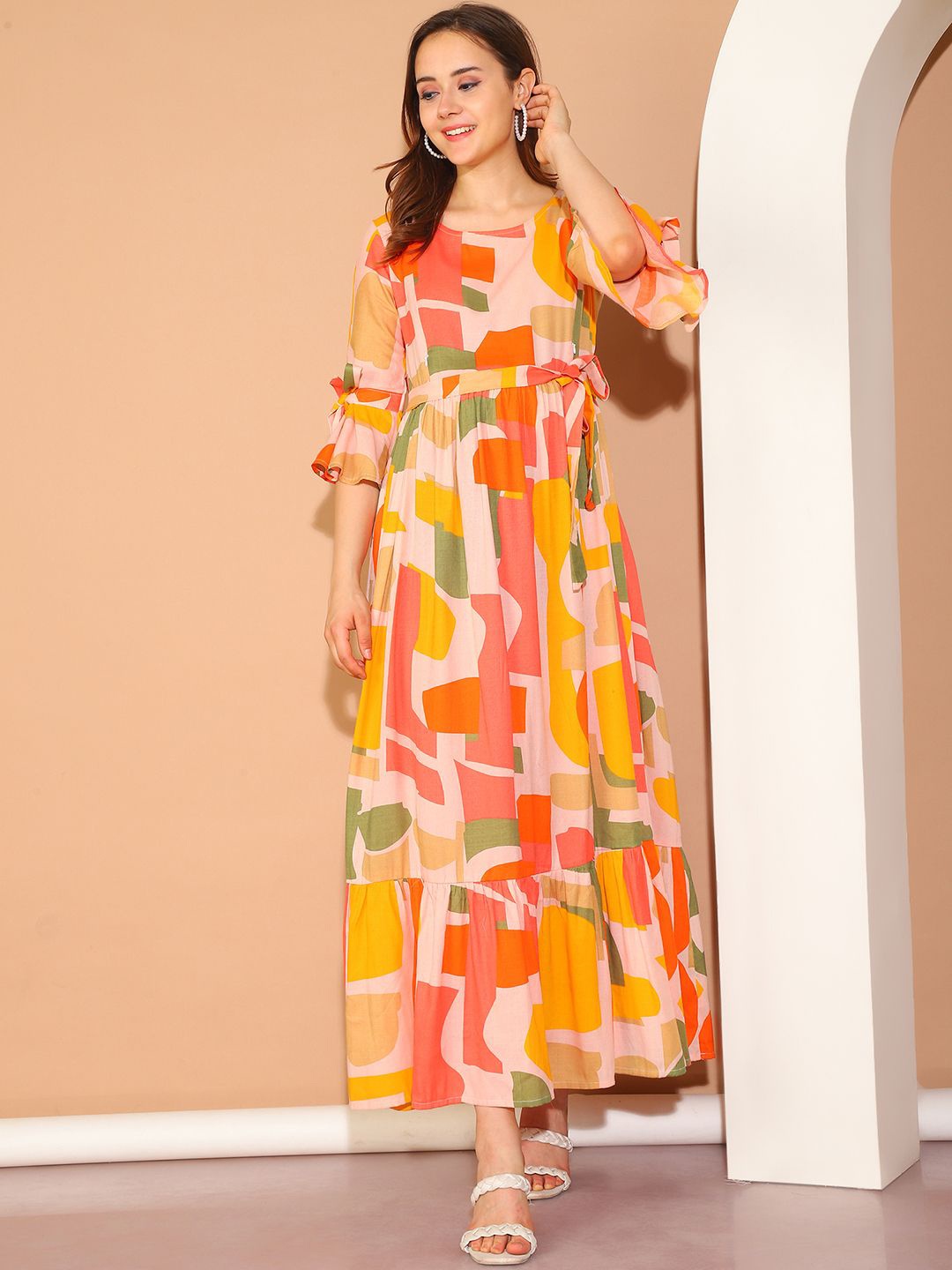 

Moms Maternity Women Geometric Printed Bell Sleeve Maternity Fit & Flare Maxi Dress, Multi