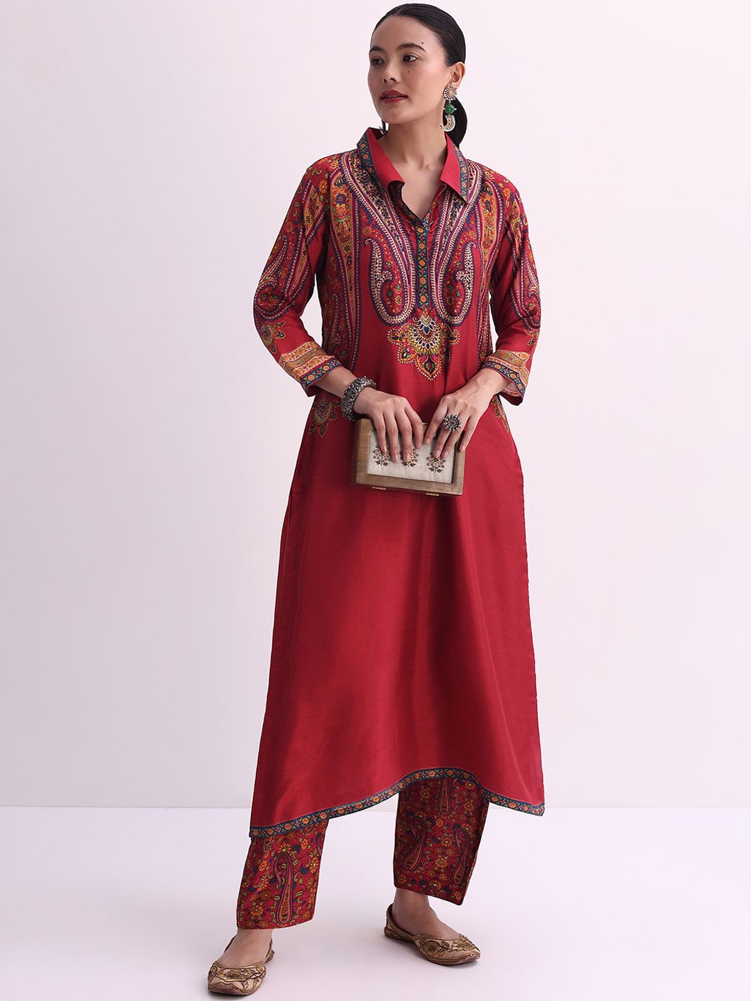 

KALKI Fashion Floral Printed Shirt Collar Long Sleeves Regular Kurta with Palazzos, Red