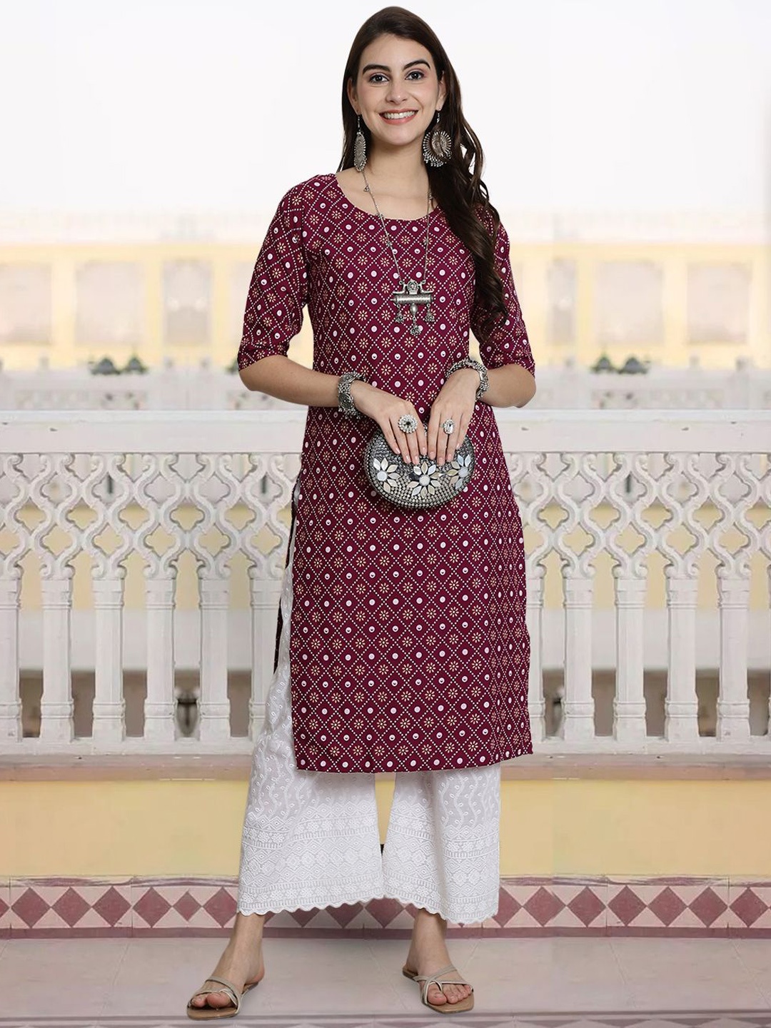 

7Threads Ethnic Motifs Printed Round Neck Crepe Straight Kurta, Maroon