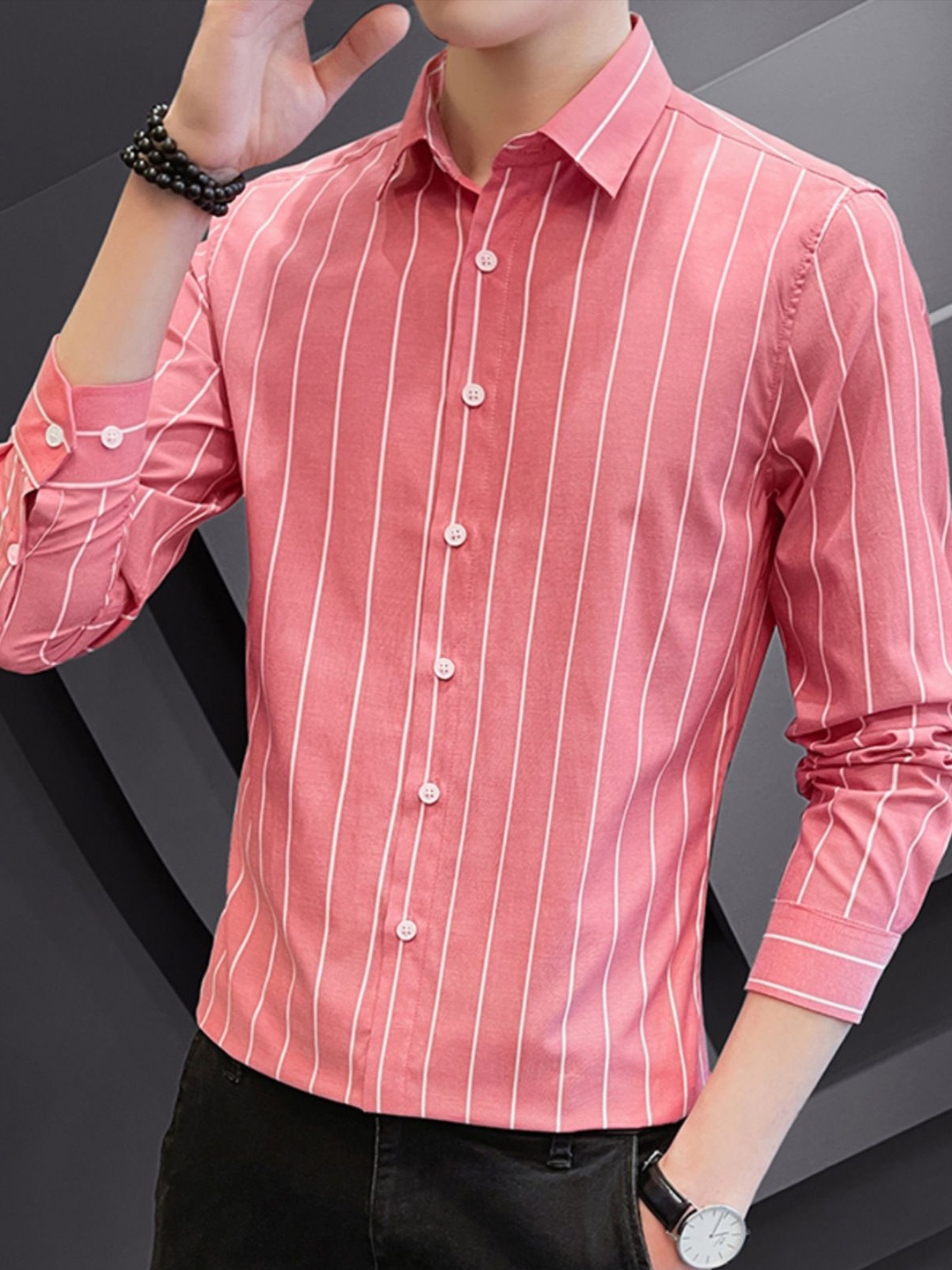 

StyleCast Men Slim Fit Opaque Striped Formal Shirt, Pink