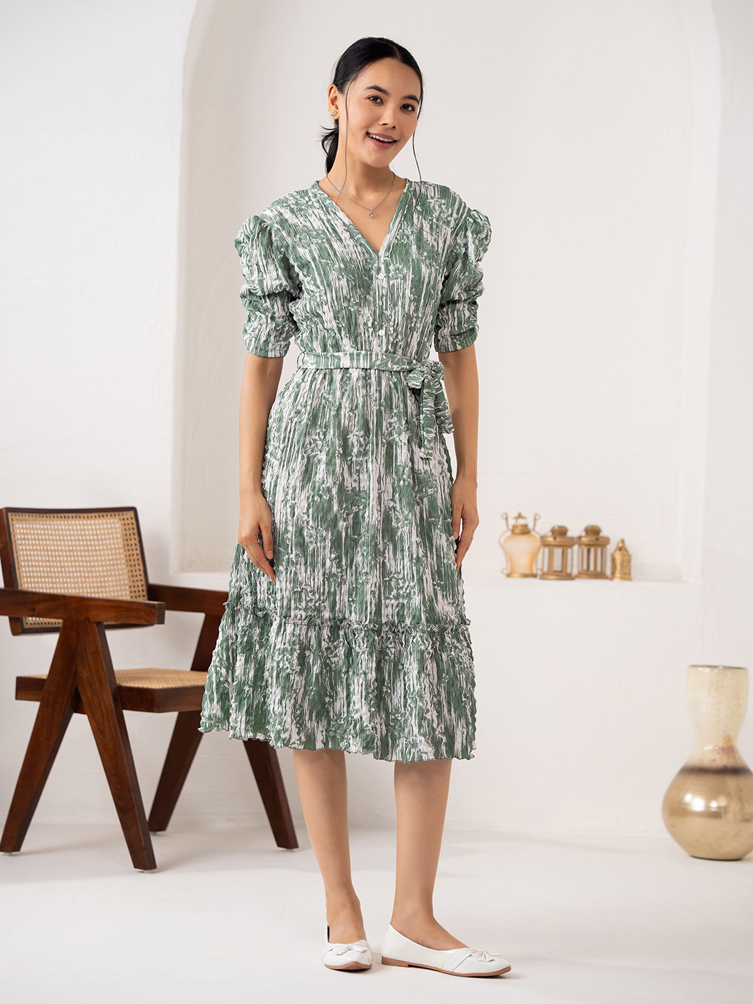 

DressBerry Floral Print Crepe A-Line Midi Dress, Sea green