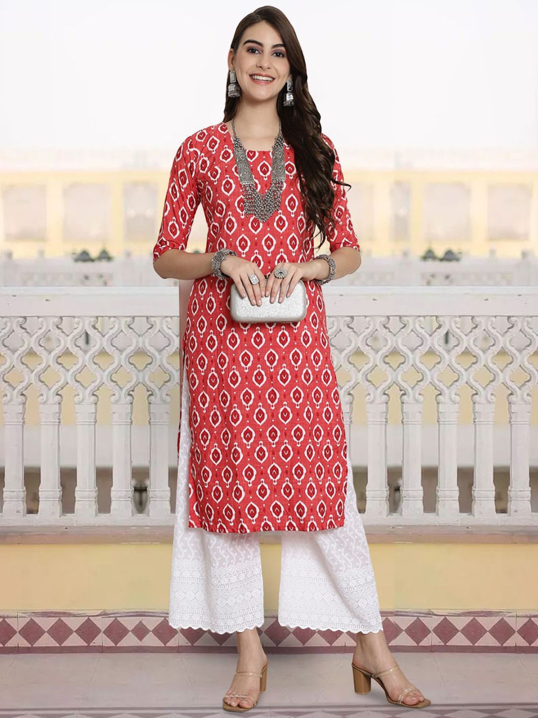 

7Threads Ethnic Motifs Printed Round Neck Crepe Straight Kurta, Red