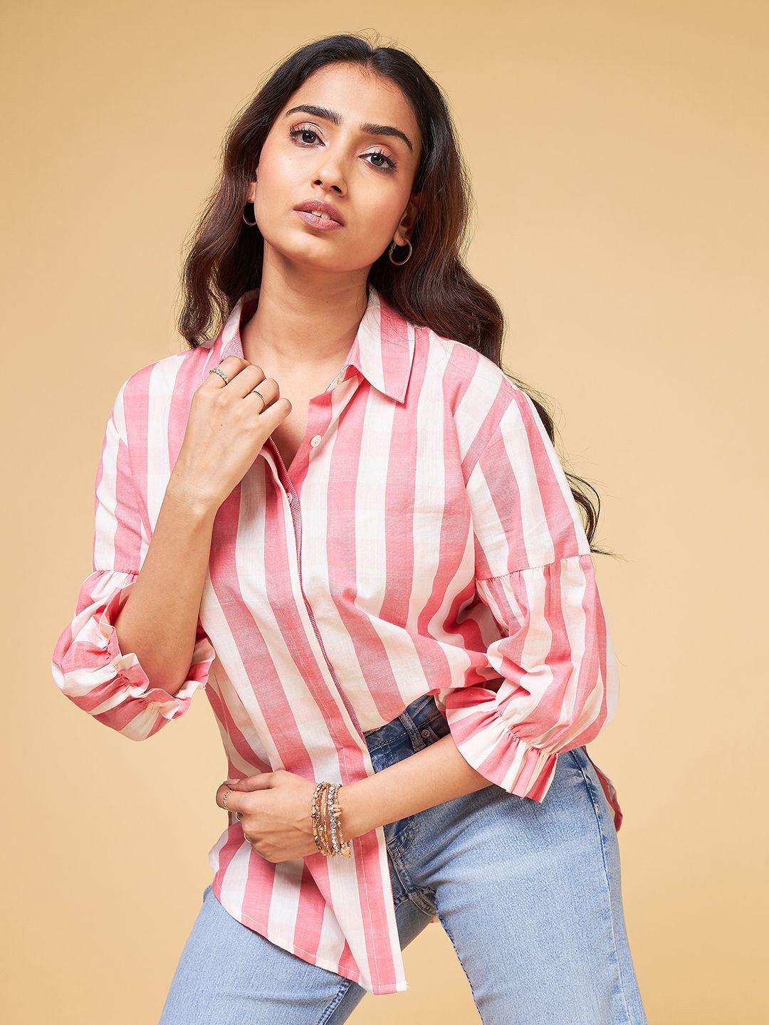 

Saaki Women Comfort Opaque Striped Casual Shirt, Red