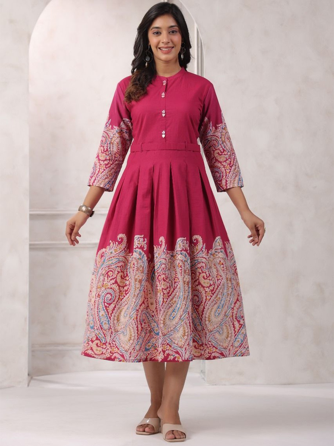 

Label Khoj Ethnic Motifs Print A-Line Midi Dress, Magenta