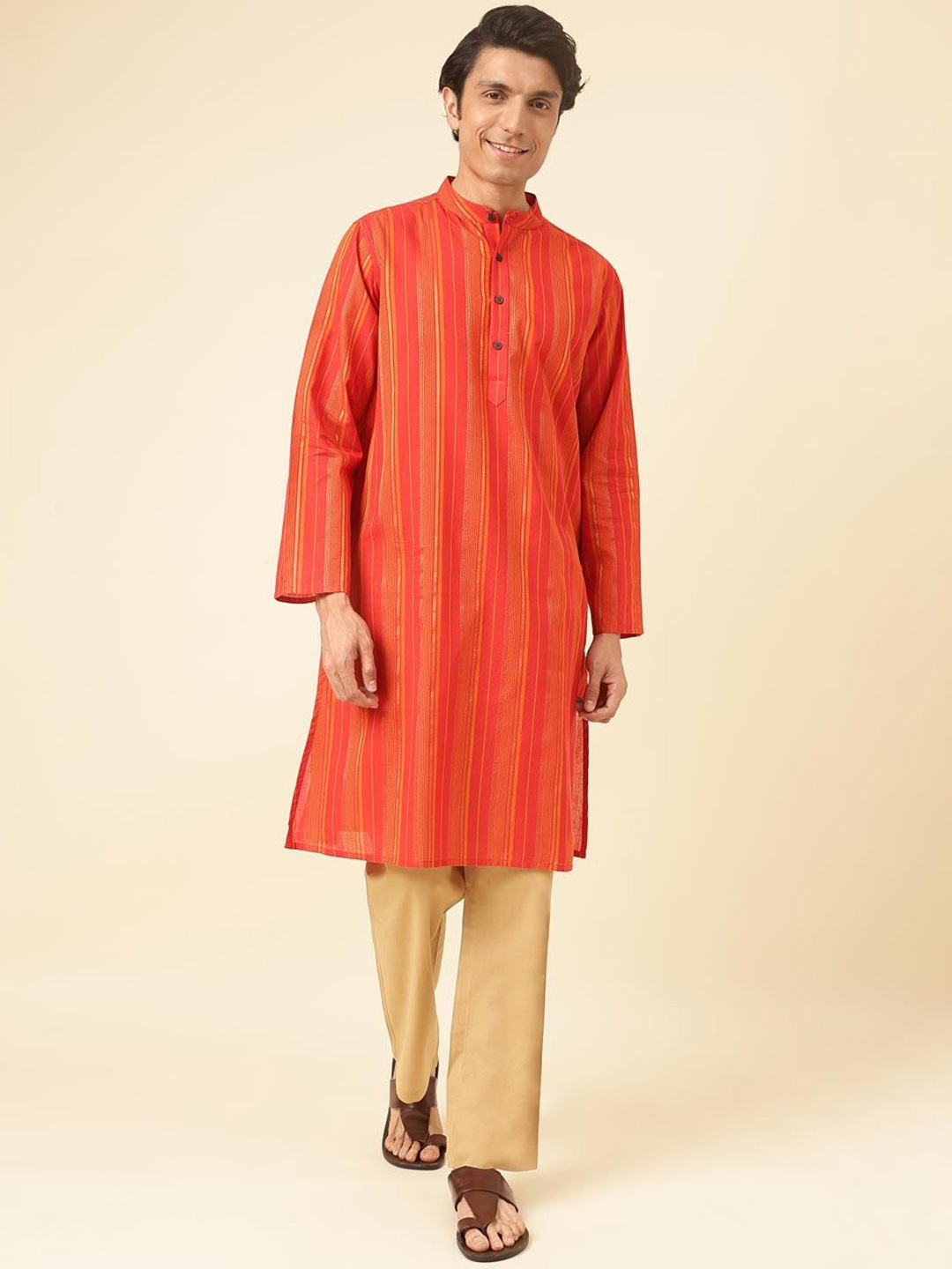 

Fabindia Striped Mandarin Collar Straight Kurta, Orange