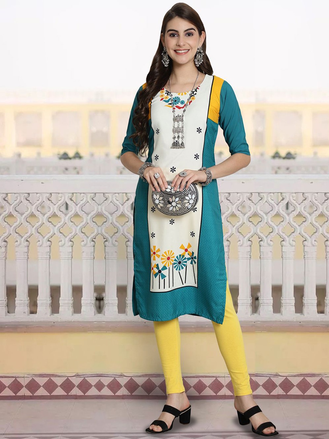 

7Threads Ethnic Motifs Printed Straight Kurta, Teal