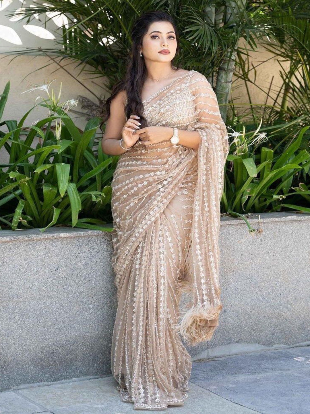 

SANJANA SILK Striped Sequinned Net Mysore Silk Saree, Cream