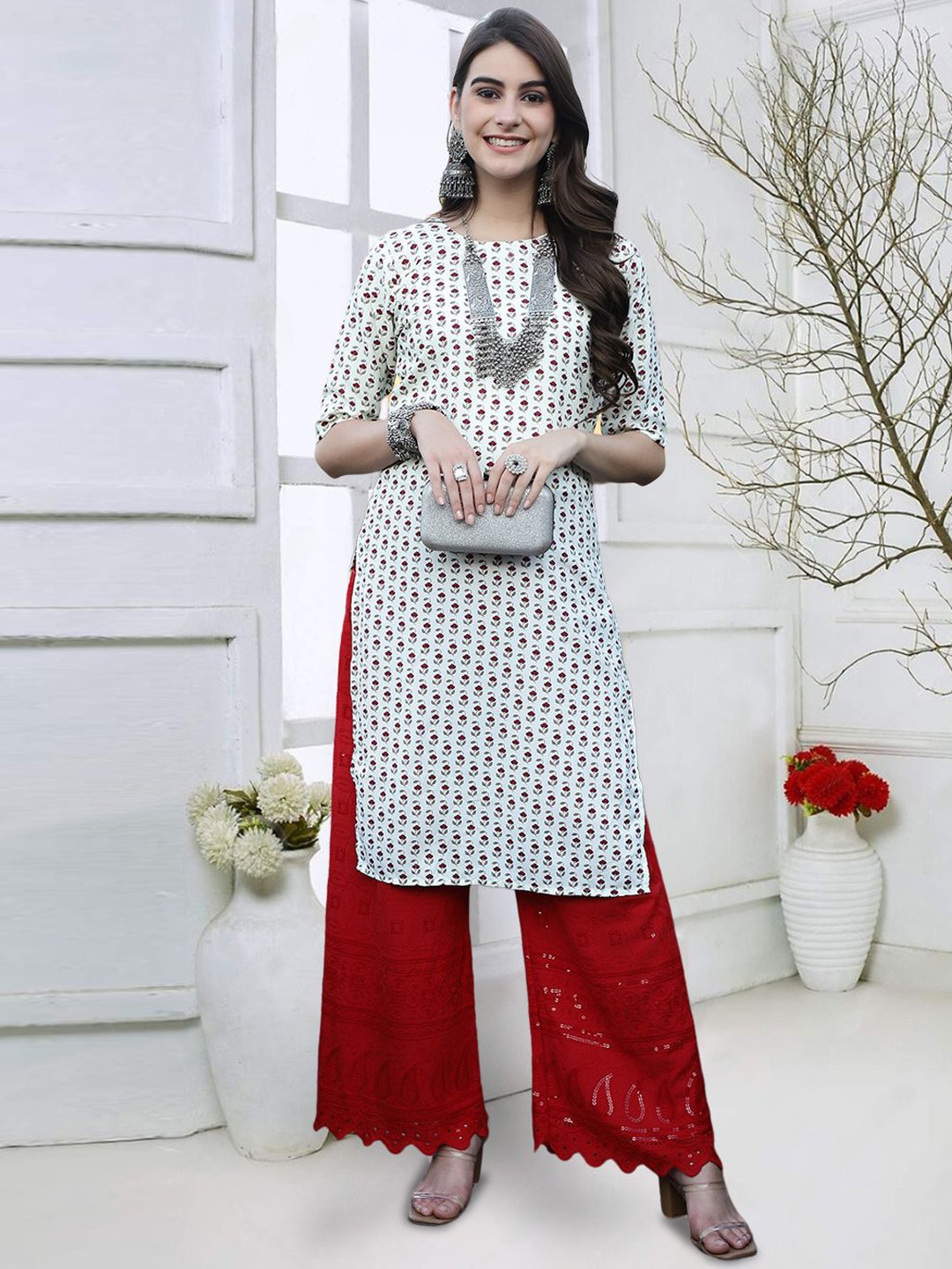 

7Threads Floral Printed Round Neck Straight Kurta, White