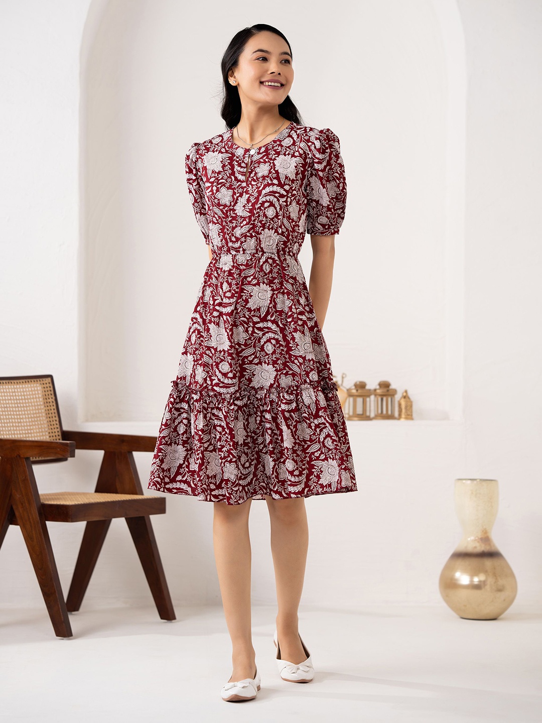 

DressBerry Ethnic Motifs Print Puff Sleeve Crepe A-Line Dress, Maroon