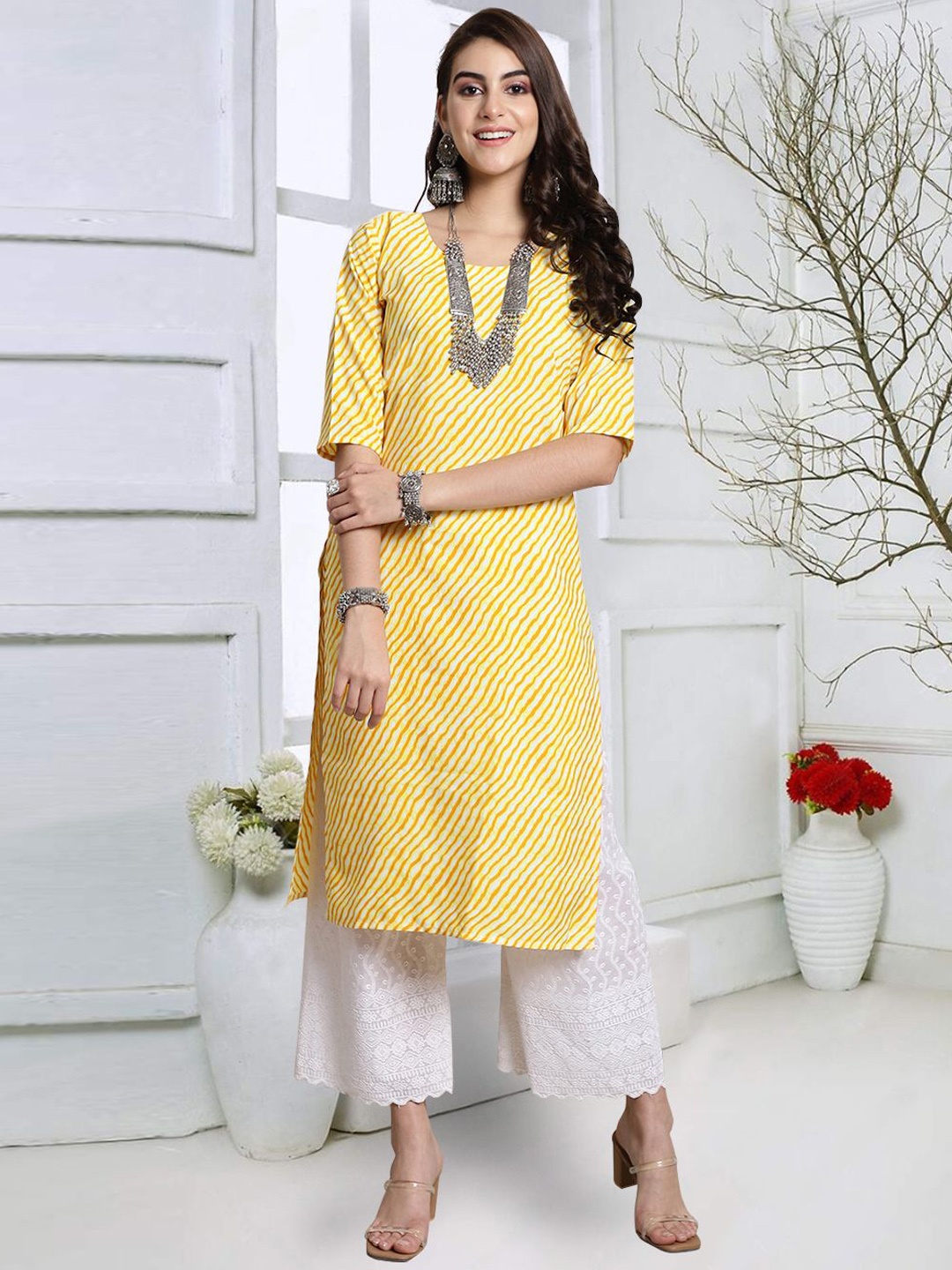 

KALINI Leheriya Printed Round Neck Crepe Straight Kurta, Yellow