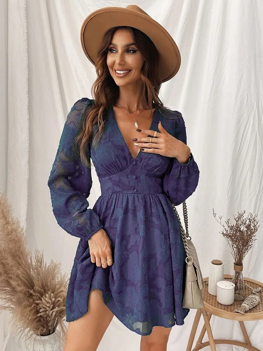 

HERE&NOW Puff Sleeve Fit & Flare Dress, Purple