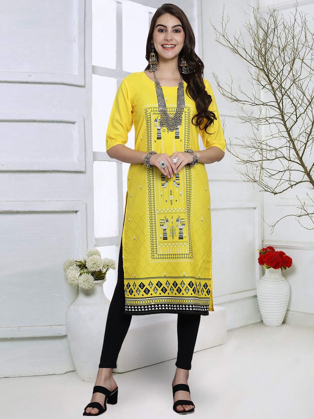 

7Threads Ethnic Motifs Printed Straight Kurta, Yellow