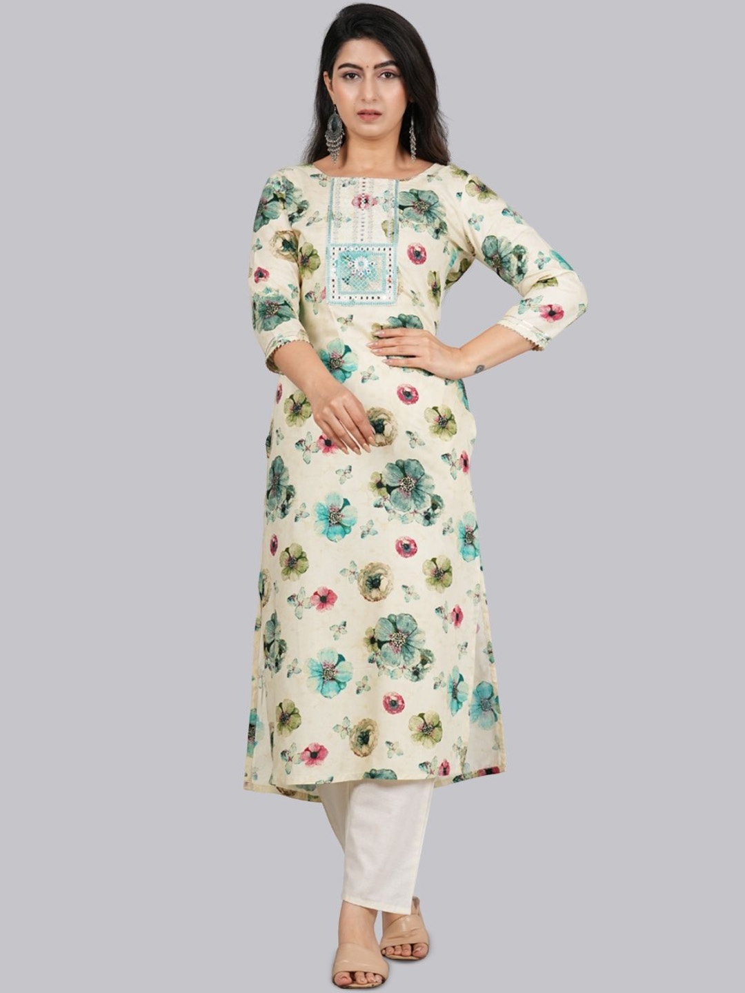 

P3D CREATION Floral Printed Pure Cotton Straight Kurta with Trousers, Green