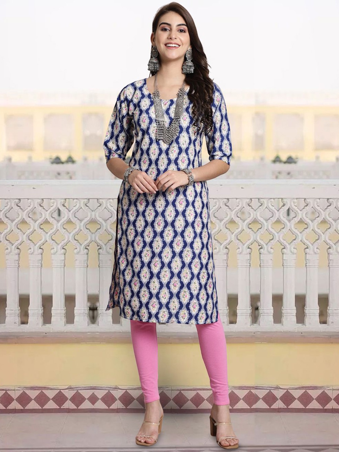 

7Threads Floral Printed Straight Kurta, Blue