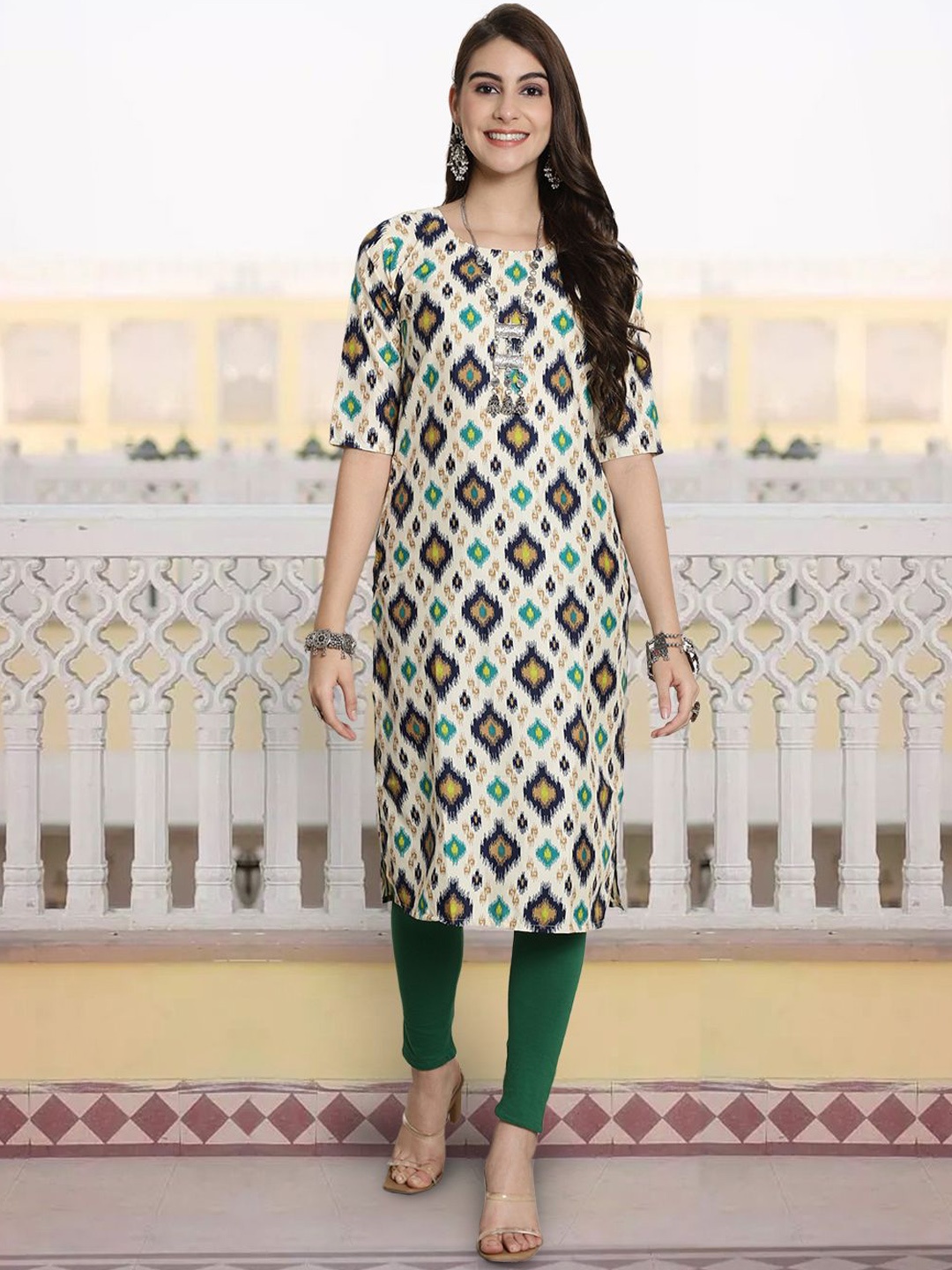 

7Threads Geometric Printed Straight Kurta, Cream