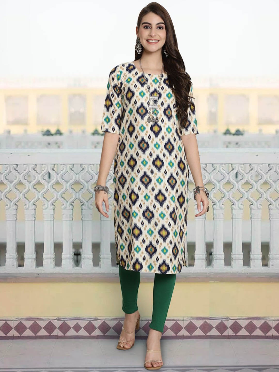

7Threads Abstract Printed Round Neck Straight Kurta, Beige