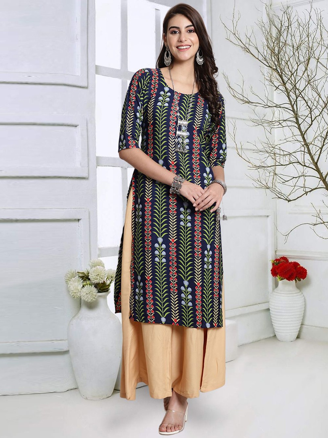 

KALINI Floral Printed Round Neck Crepe Straight Kurta, Navy blue