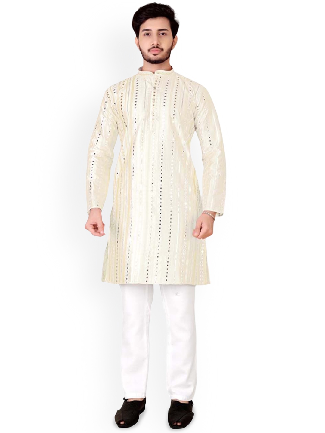 

trustous Men Embroidered Regular Mirror Work Pure Cotton Kurta with Pyjamas, Beige