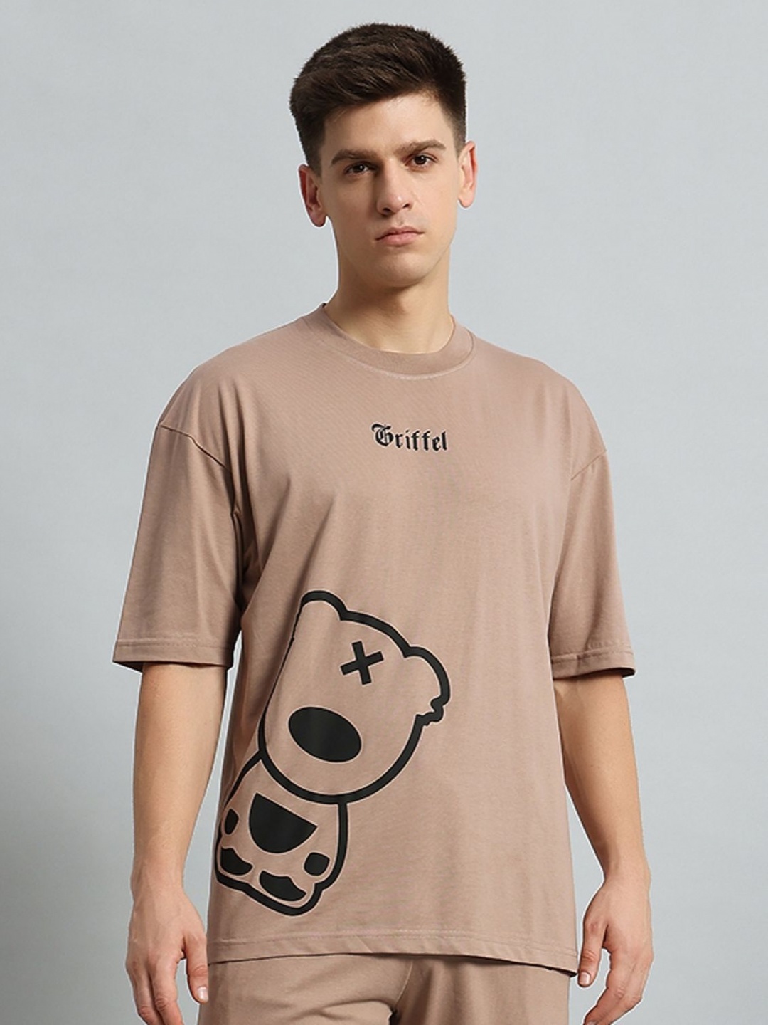 

GRIFFEL Men Graphic Printed Round Neck Cotton Oversized T-Shirt, Camel brown