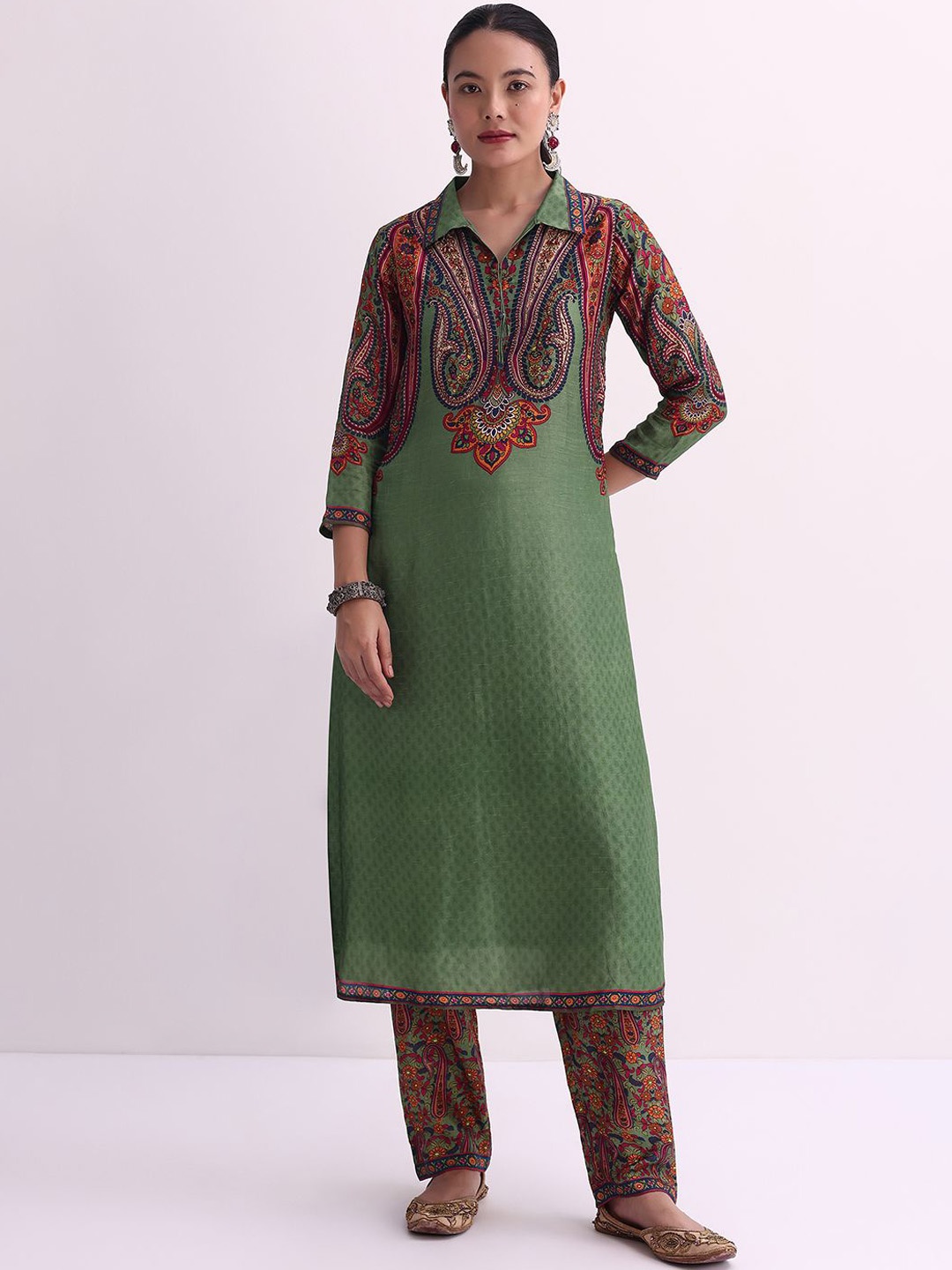 

KALKI Fashion Paisley Printed Sequinned Shirt Collar Kurta with Trousers, Green