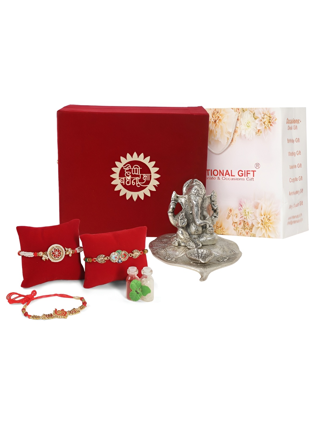 

INTERNATIONAL GIFT Silver Toned 3 Pcs Thread Rakhi With Roli Chawal & Idol Patta Ganesh