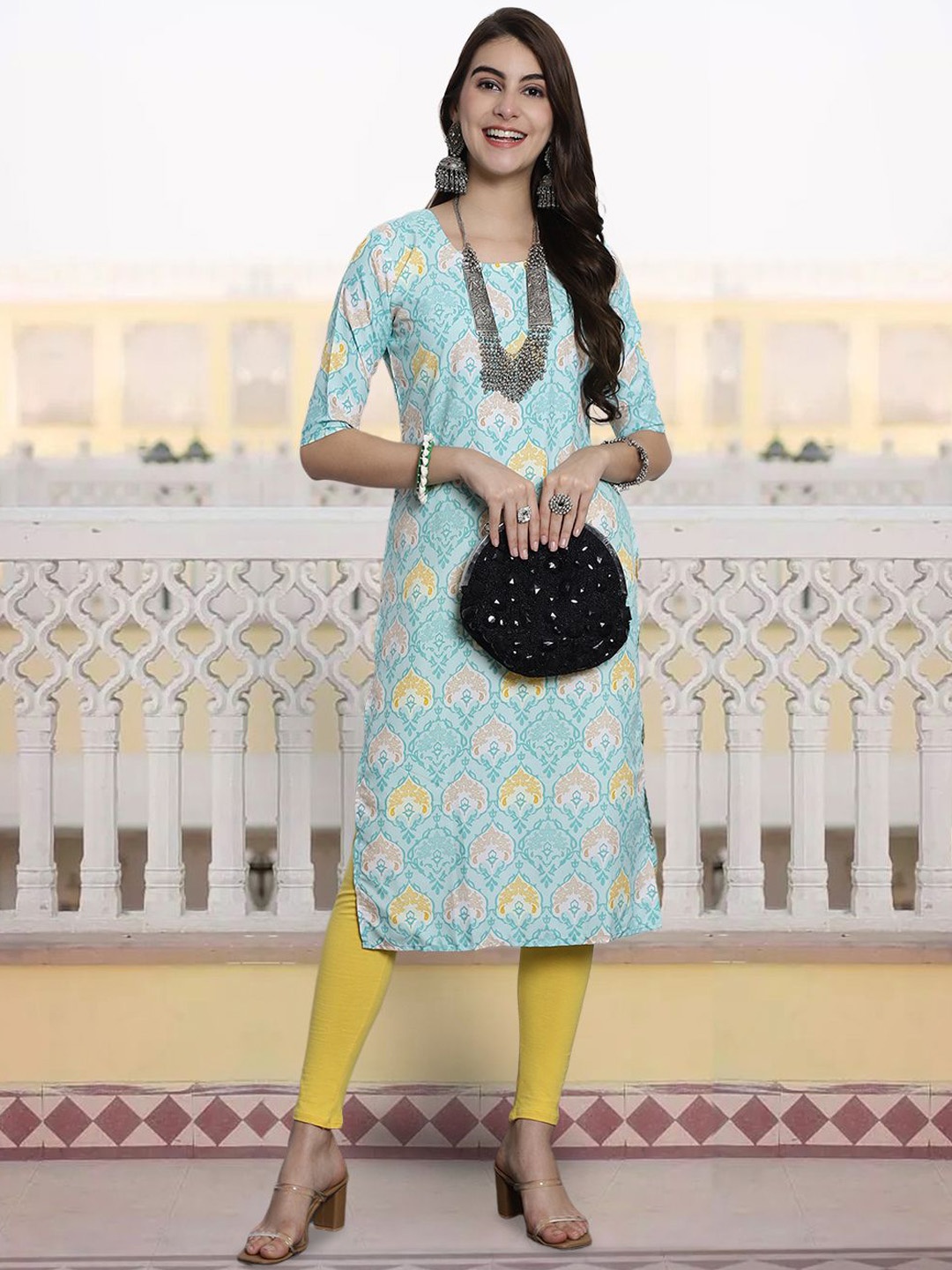 

7Threads Ethnic Motifs Printed Round Neck Straight Kurta, Sea green