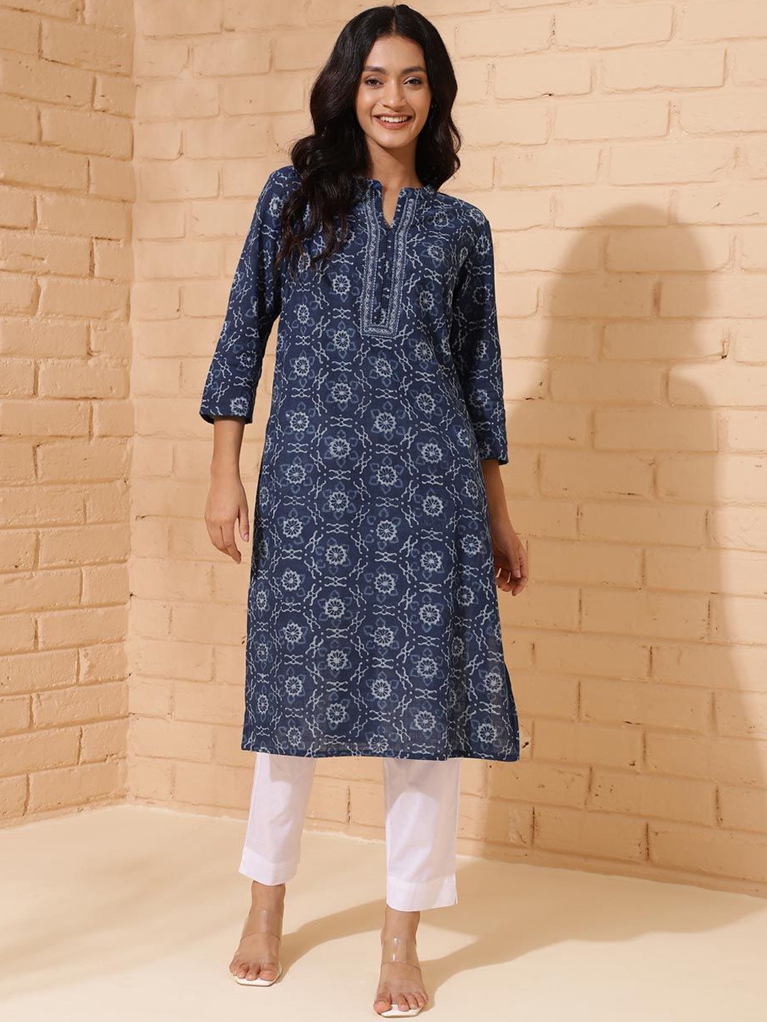 

Fabindia Ethnic Motifs Printed Mandarin Collar Cotton A-Line Kurta, Blue