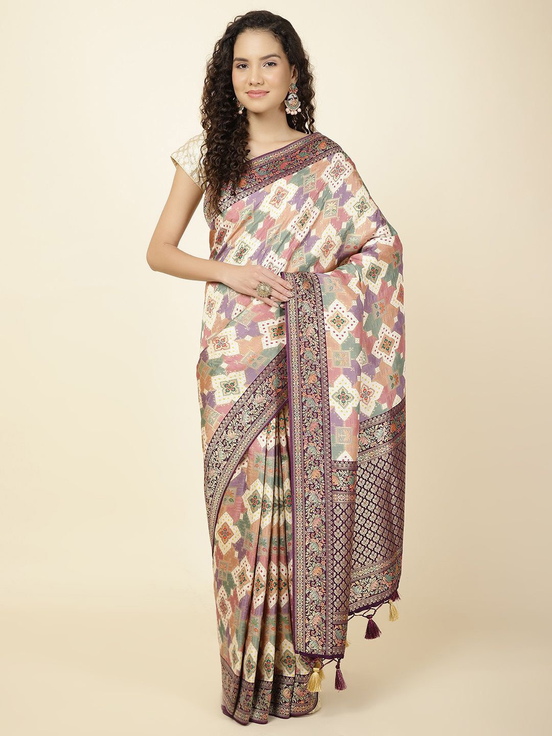 

Meena Bazaar Ethnic Motifs Woven Art Silk Saree, Purple