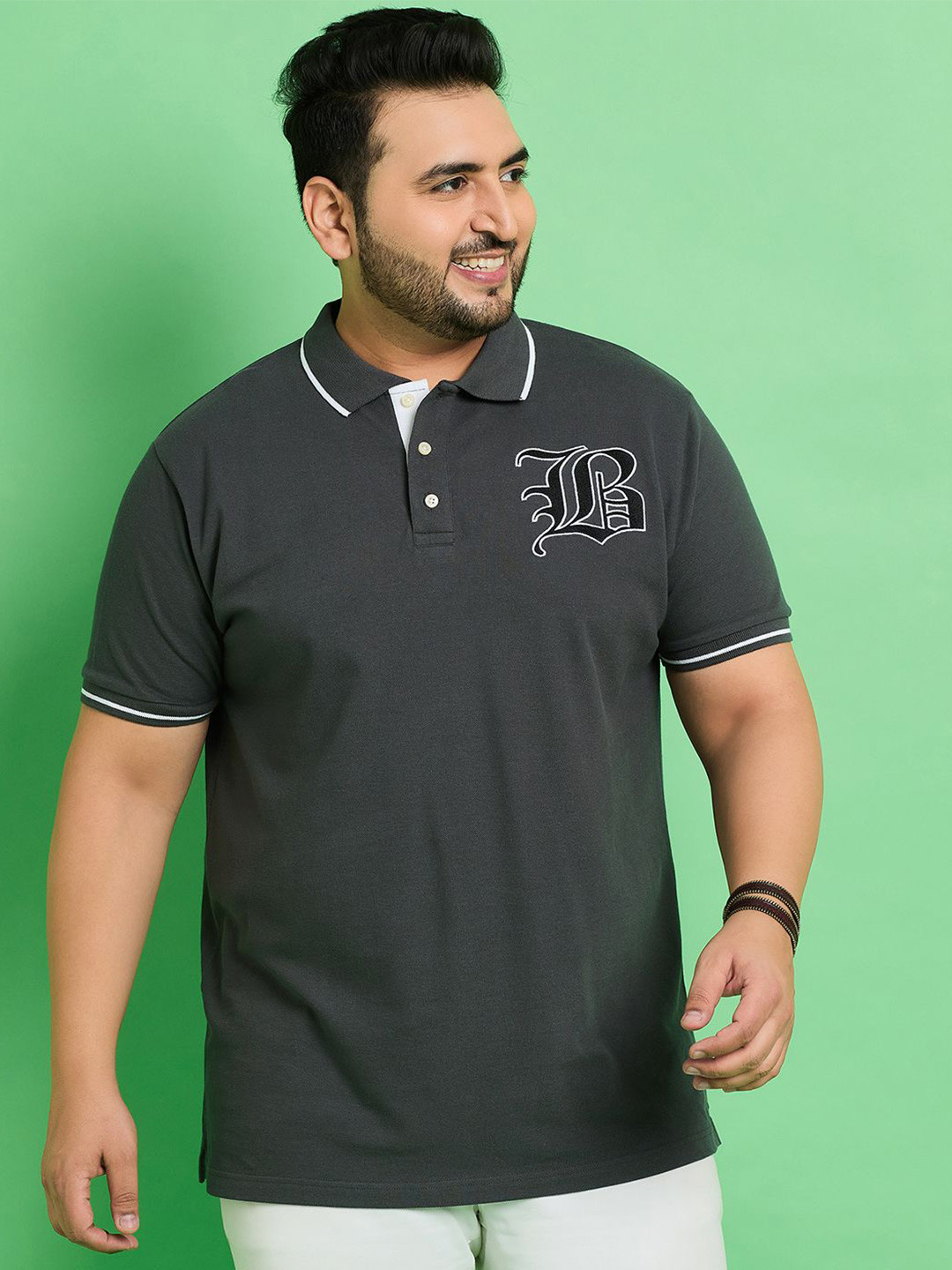 

bigbanana Plus Size Polo Collar Cotton T-shirt, Grey
