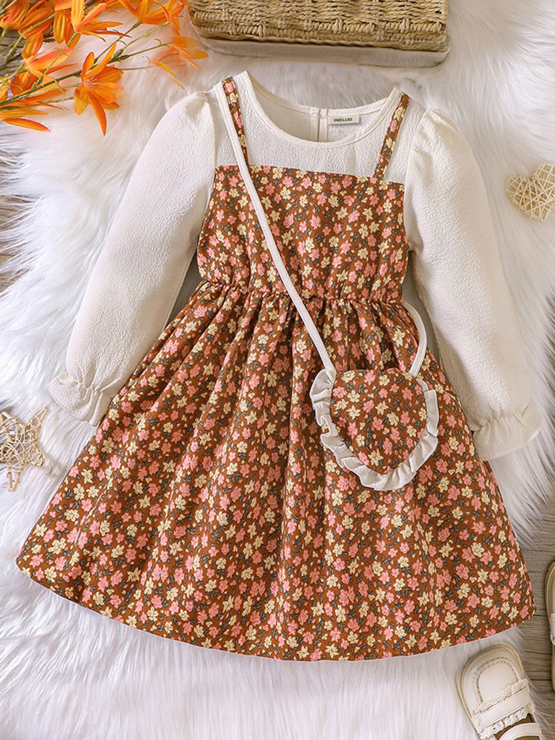 

INCLUD Floral Girls Cotton Printed Sleeveless Fit & Flare Dress, Brown