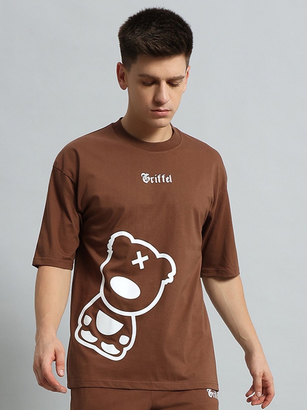 

GRIFFEL Men Graphic Printed Round Neck Cotton Oversized T-Shirt, Coffee brown