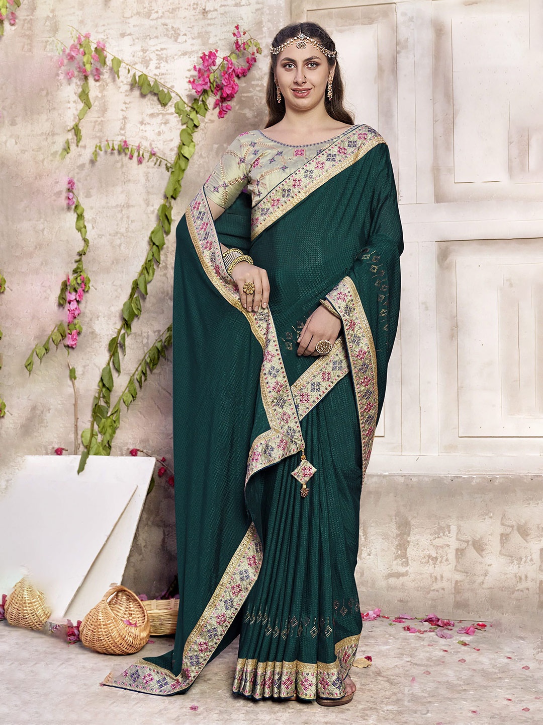 

NIRMAL CREATION Pure Silk Woven Design Embroidered Saree, Green