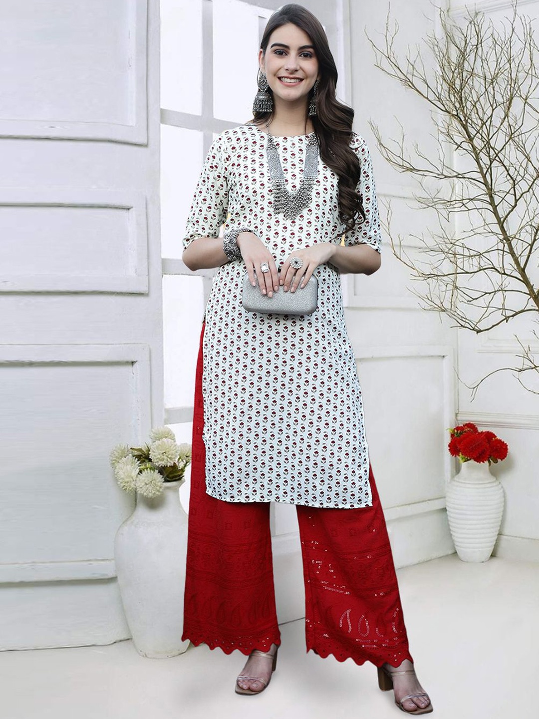 

7Threads Floral Printed Straight Kurta, Blue